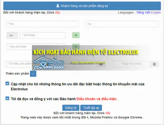 Kích hoạt bảo hành thiết bị Electrolux mới