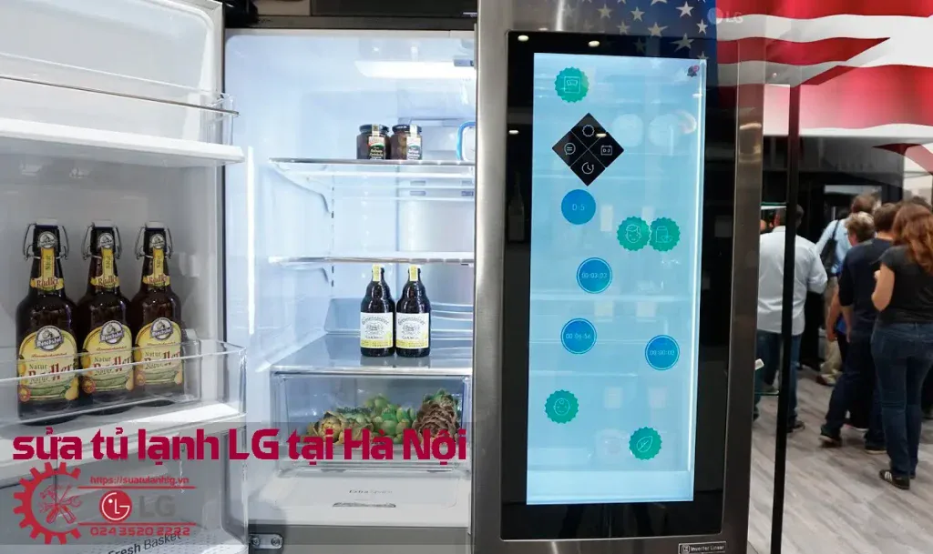 LG refrigerator with digital touchscreen control panel for smart cooling and warranty management.