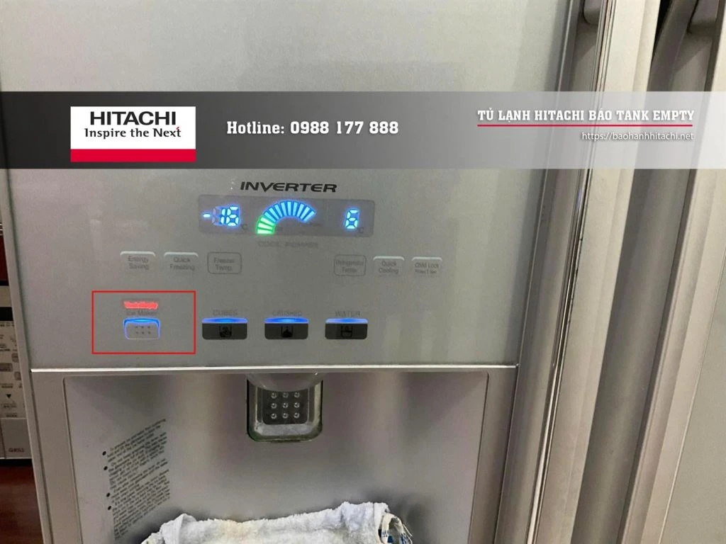 Phần mềm làm lạnh của tủ lạnh Hitachi với bảng điều khiển kỹ thuật số, hiển thị nhiệt độ -16°C, chế độ làm lạnh nhanh, sấy và làm đá, phù hợp cho các khách hàng cần dịch vụ sửa chữa và bảo trì tủ lạnh.
