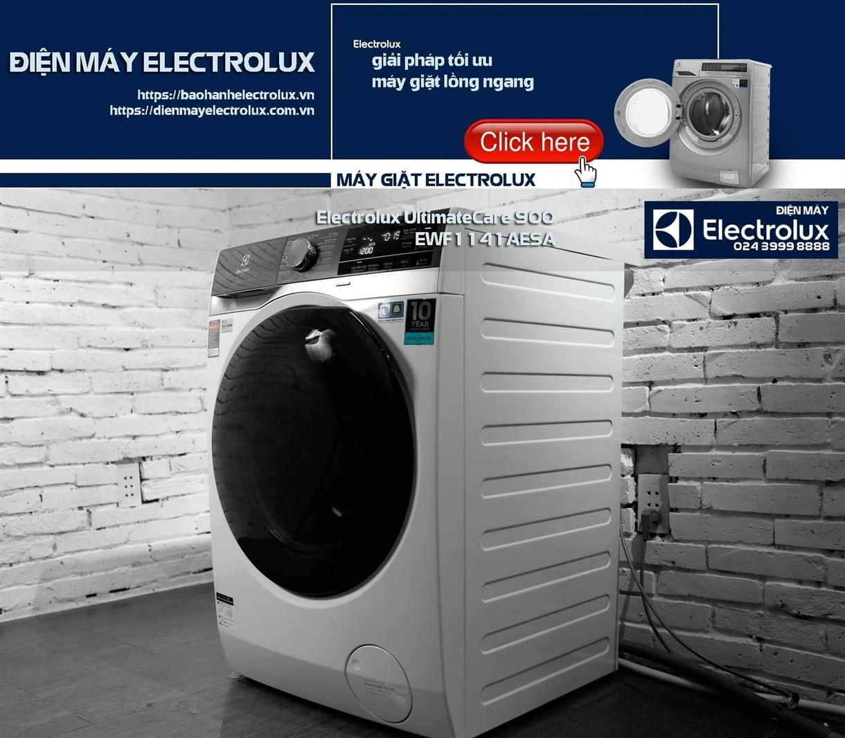Máy giặt Electrolux màu trắng đặt trong phòng có tường gạch trắng, hiện đại, phù hợp cho các khách hàng tìm mua máy giặt Electrolux Uy tín tại Nguyễn Dương.