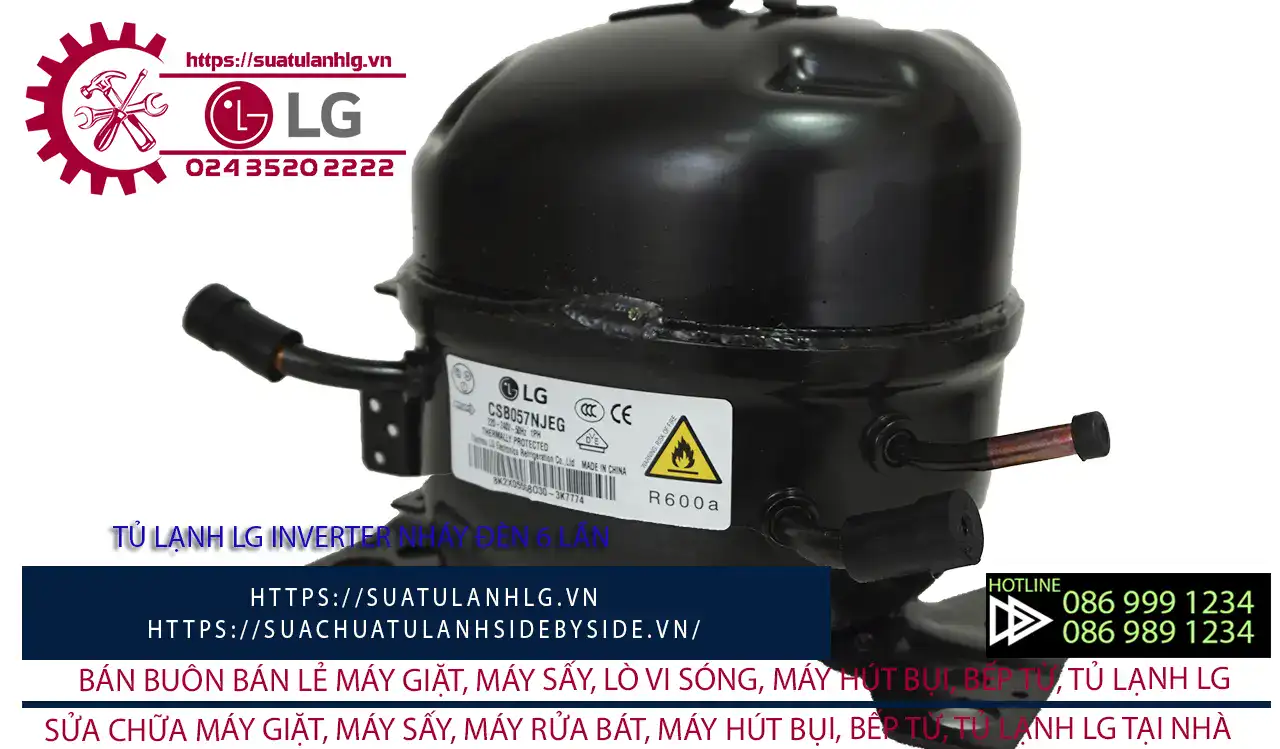 Lốc lạnh inverter LG số 6 lần, máy nén lạnh bảo vệ, hoạt động ổn định, phù hợp sửa chữa và thay thế cho điều hòa công suất cao.