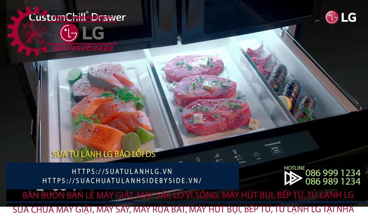 Hình ảnh các loại thịt tươi trong tủ lạnh LG, thiết bị làm lạnh chuyên nghiệp, bảo quản thực phẩm sạch, an toàn, phù hợp cho nhà hàng, quán ăn hoặc gia đình.
