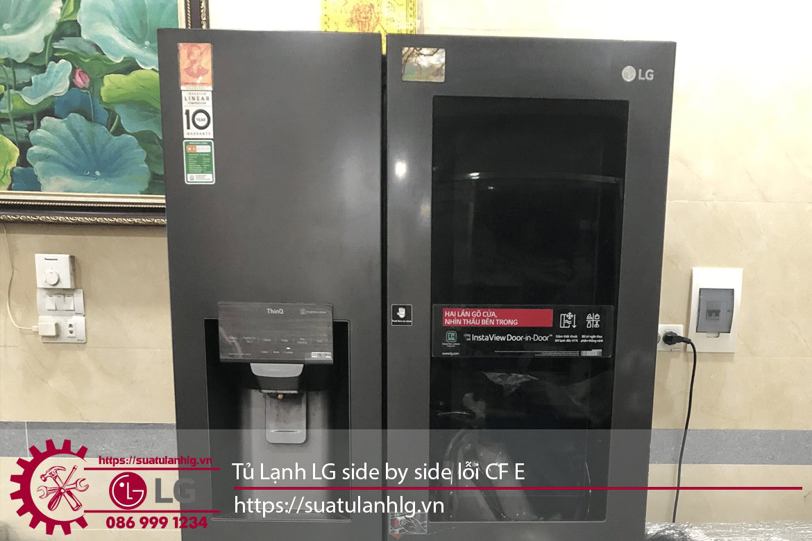Tủ lạnh LG side by side, mẫu CF E, thiết kế hiện đại, hiệu suất cao, phù hợp cho gia đình và quán ăn, mang lại không gian làm lạnh tối ưu và tiết kiệm điện năng.