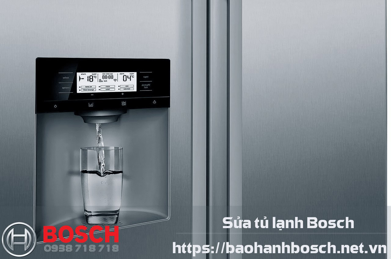 Water dispenser feature on a Bosch refrigerator, highlighting advanced cooling and water dispensing technology. Perfect for modern kitchens needing reliable and efficient water access.