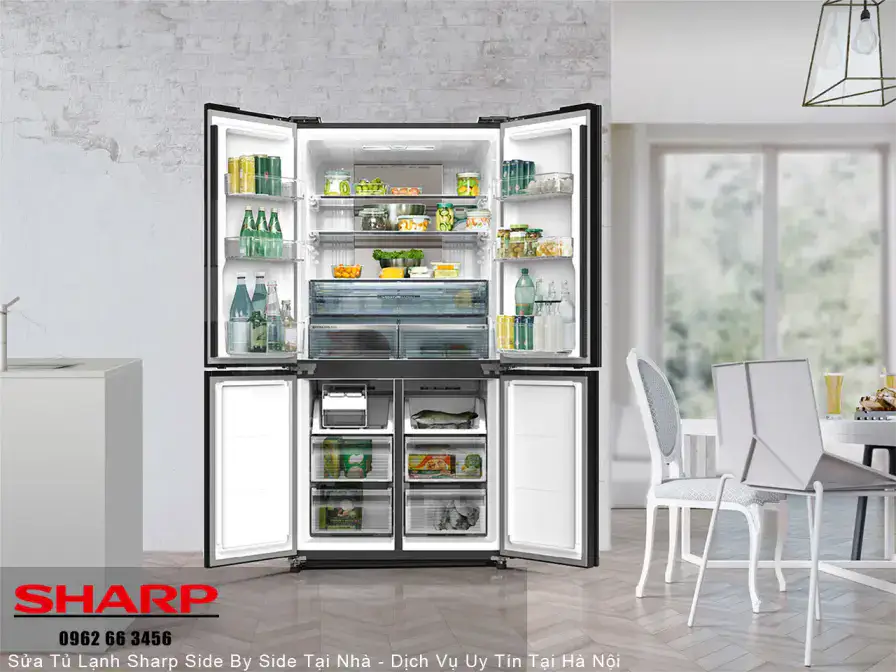 Refrigerator open with food inside, modern kitchen appliance, Samsung refrigerator, home kitchen storage, refrigerator for fresh food, clean interior, white and black design, energy-efficient fridge, spacious European style refrigerator.