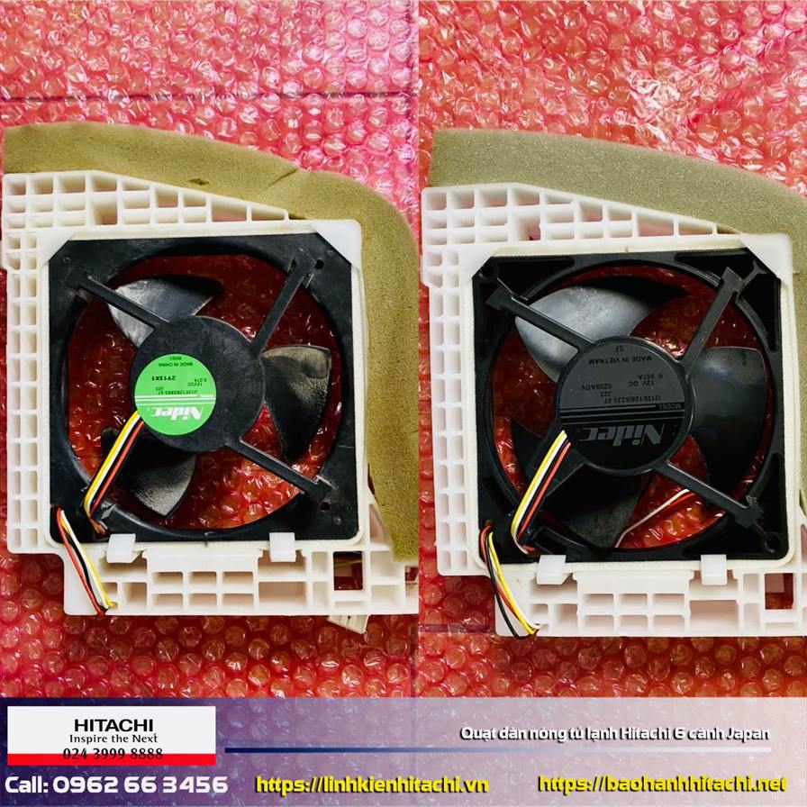 Quạt tản nhiệt máy lạnh Hitachi 6 cánh Nhật Bản chính hãng, bộ phận quạt tản nhiệt đôi phù hợp sửa chữa máy lạnh Hitachi, bảo hành Hitachi uy tín, liên hệ 0988 177 888 / 024 3999 8888.