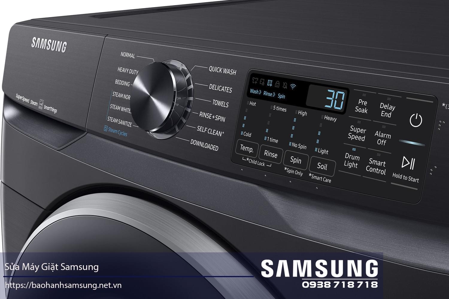 Bảng điều khiển máy giặt Samsung hiện đại, tính năng nhiều chế độ giặt đa dạng, thiết kế sang trọng, dễ sử dụng, phù hợp cho gia đình Việt Nam.