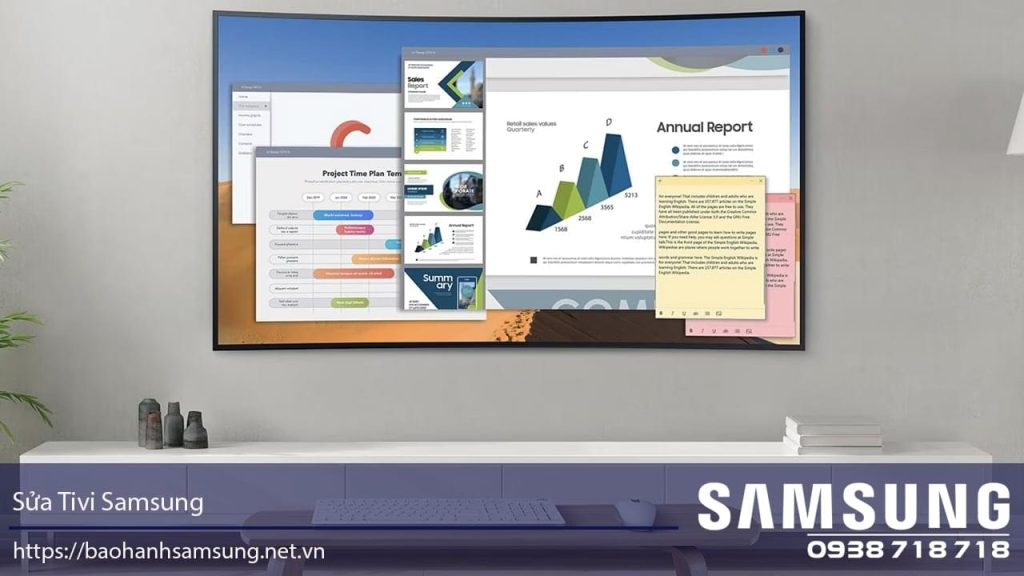 Máy tính hiển thị biểu đồ, thư viện dữ liệu, và báo cáo kinh doanh trên màn hình Samsung, phù hợp cho các doanh nghiệp và văn phòng hiện đại.