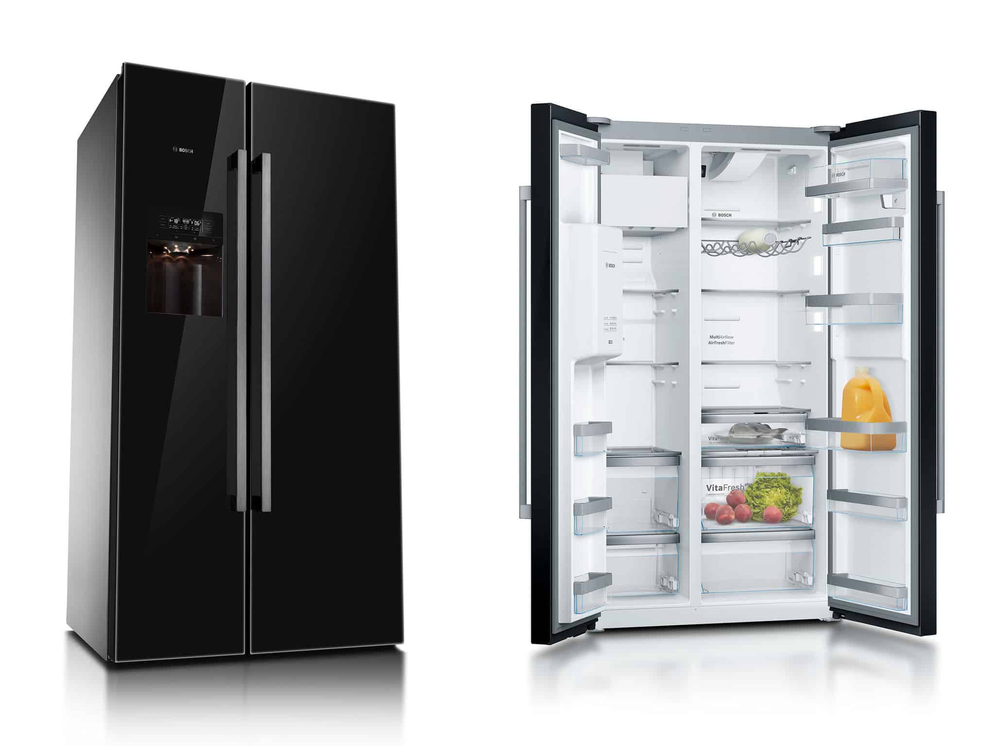 Black Samsung side-by-side refrigerator with digital display and modern design.