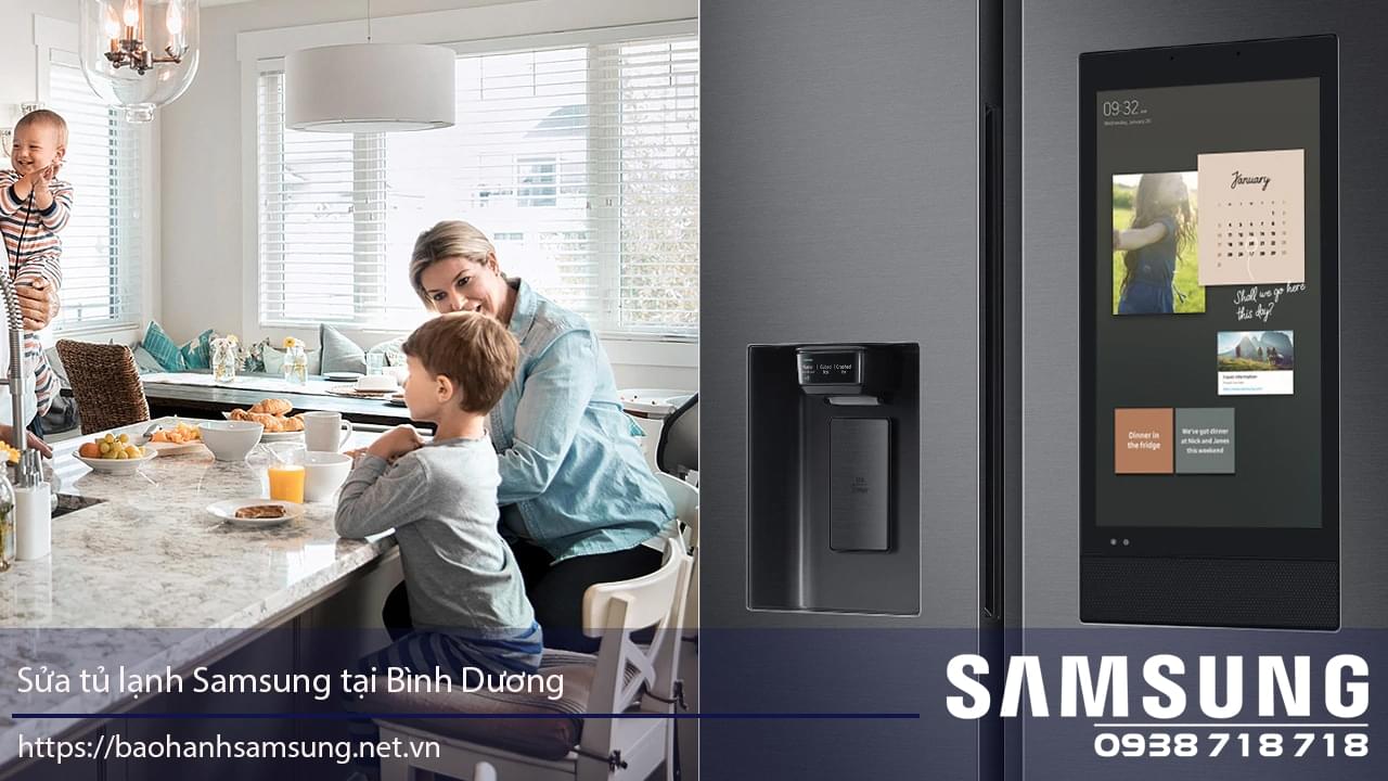 Modern Samsung refrigerator with smart touchscreen display in a contemporary kitchen scene.