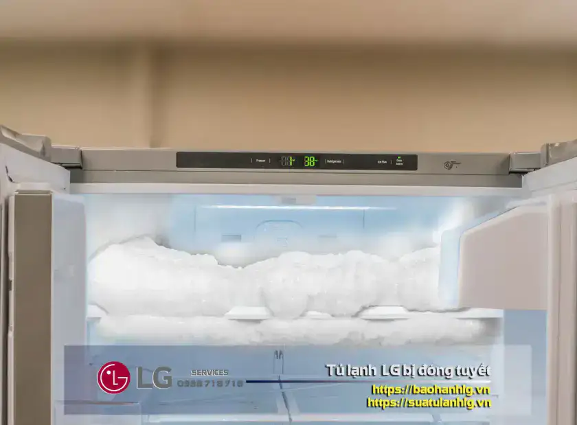 Clean LG refrigerator with frost buildup causing freezer blockages, needs professional defrost service for optimal performance and insurance warranty coverage.