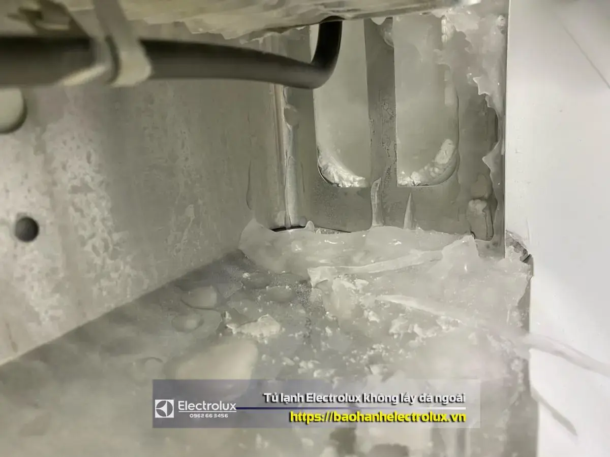Corrosion and ice buildup inside Electrolux refrigerator, showing damaged interior components and frost formation due to improper maintenance or sealing issues.