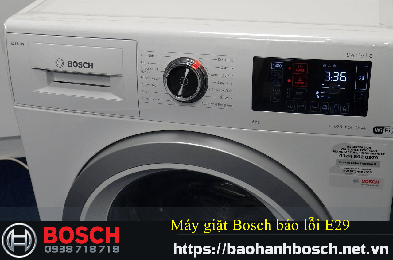 Lỗi E29 trên máy giặt Bosch, cảnh báo lỗi liên quan đến hệ thống điều when, cần kiểm tra hoặc bảo dưỡng để đảm bảo hoạt động ổn định.