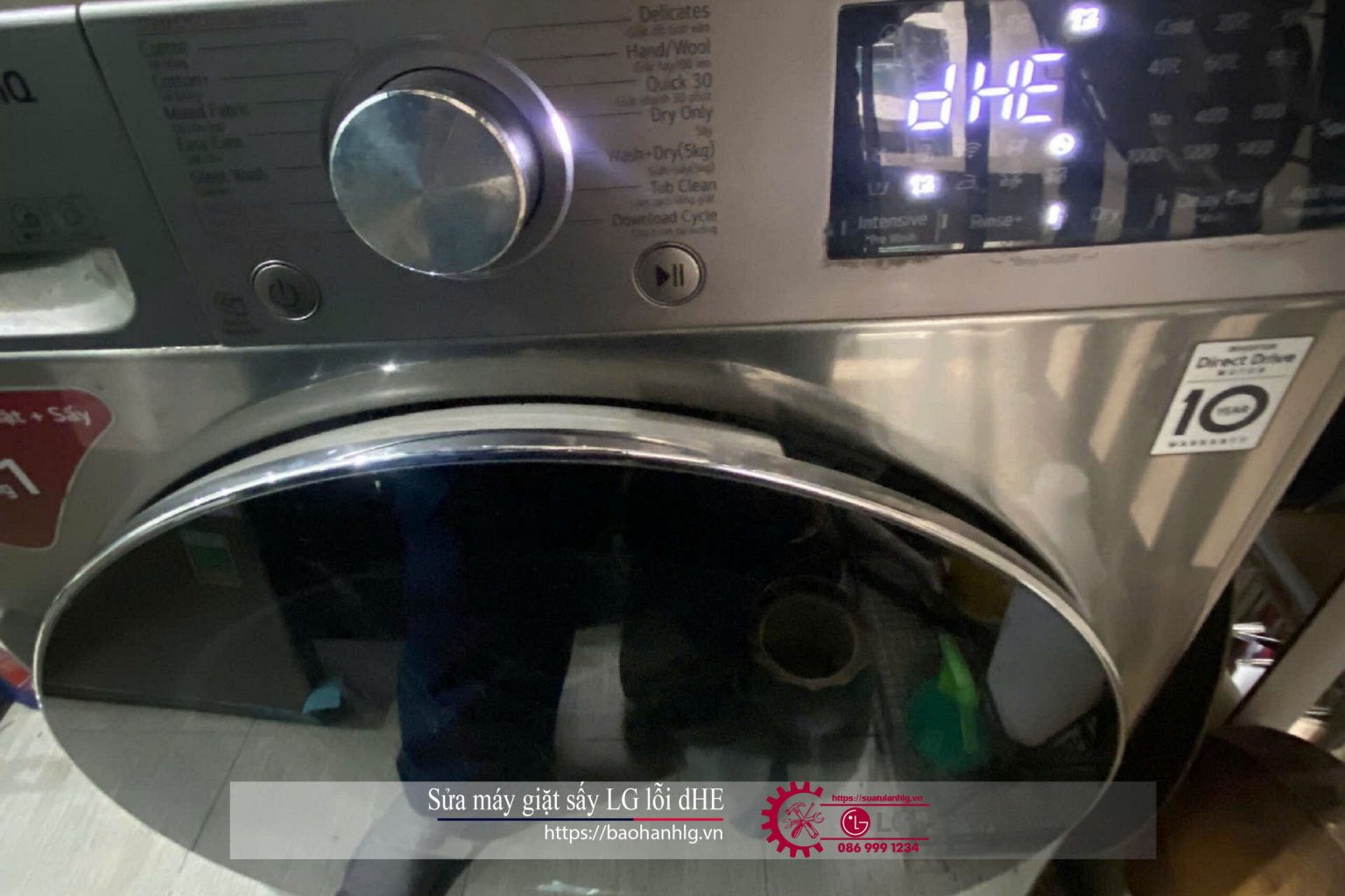 Washing machine with LG logo and digital display showing error dHE, close-up view emphasizing LG appliance repair services for LG washing machine error code dHE.