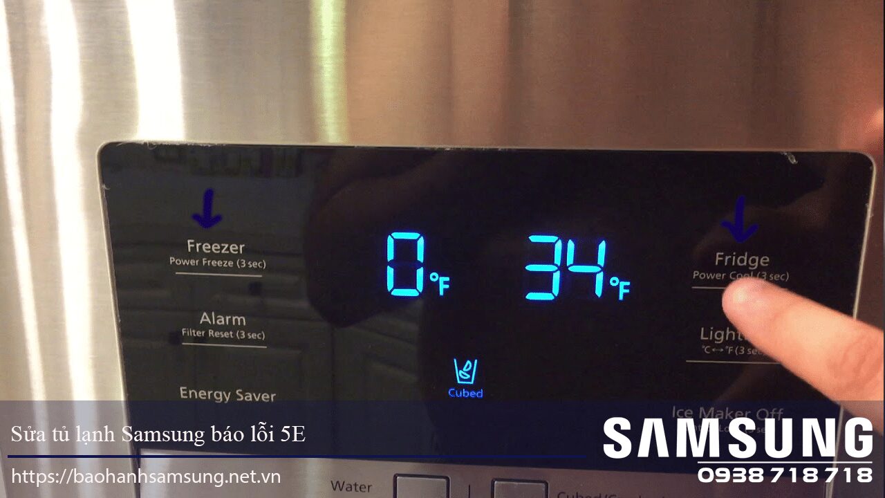 Bảng điều khiển điều hòa Samsung hiển thị nhiệt độ 0°F và 34°F, chức năng làm lạnh nhanh, kiểm soát nhiệt độ chính xác, sửa chữa lỗi 5E, phù hợp cho dịch vụ sửa tủ lạnh tại Nguyễn Dương.