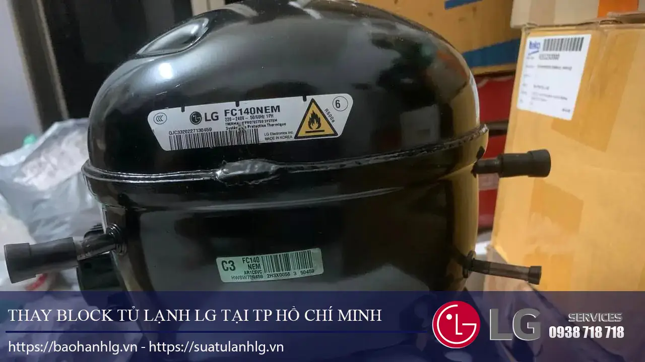 LG refrigeration compressor replacement service in Ho Chi Minh City, expert repair and warranty for LG fridge compressors, authentic LG parts, professional maintenance.