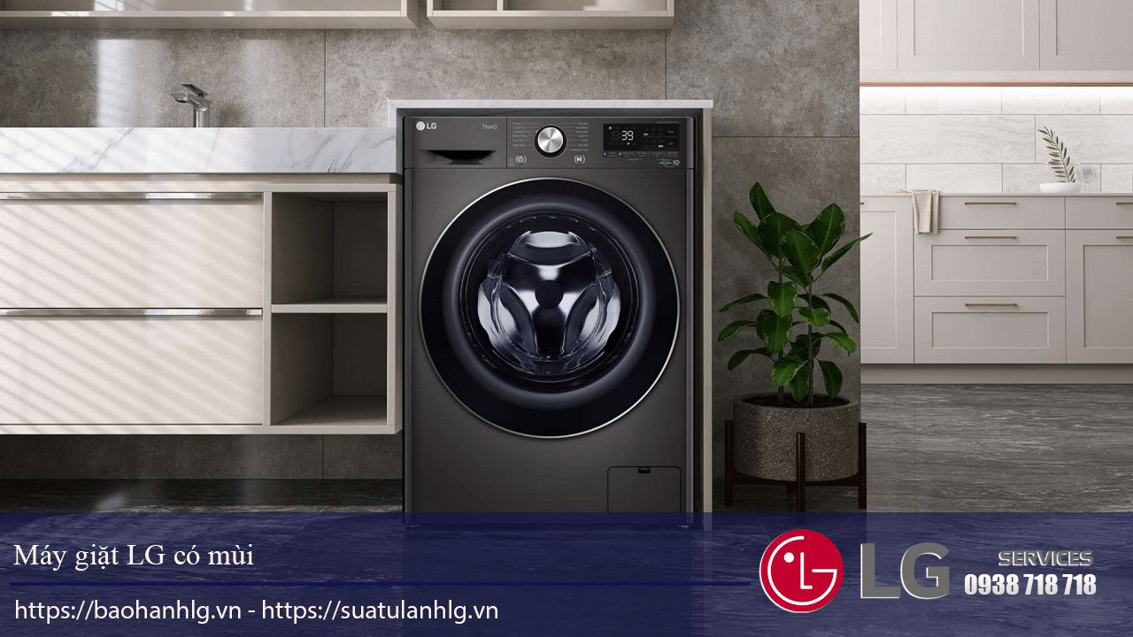 High-efficiency LG washing machine with odor removal feature in a modern kitchen setting.