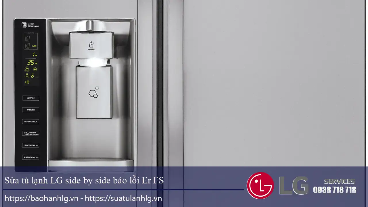 LG side-by-side refrigerator water dispenser with Er FS error repair service, authorized LG refrigerator water filter replacement, professional fridge repair, trusted LG service center.
