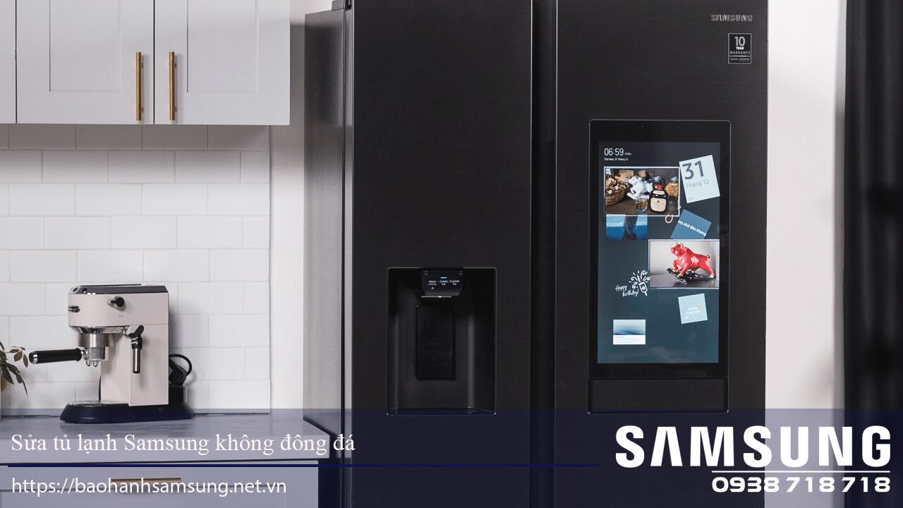 Samsung refrigerator with touchscreen panel, modern kitchen appliance, black finish, warranty sticker, stylish home tech, Samsung Vietnam authorized support.