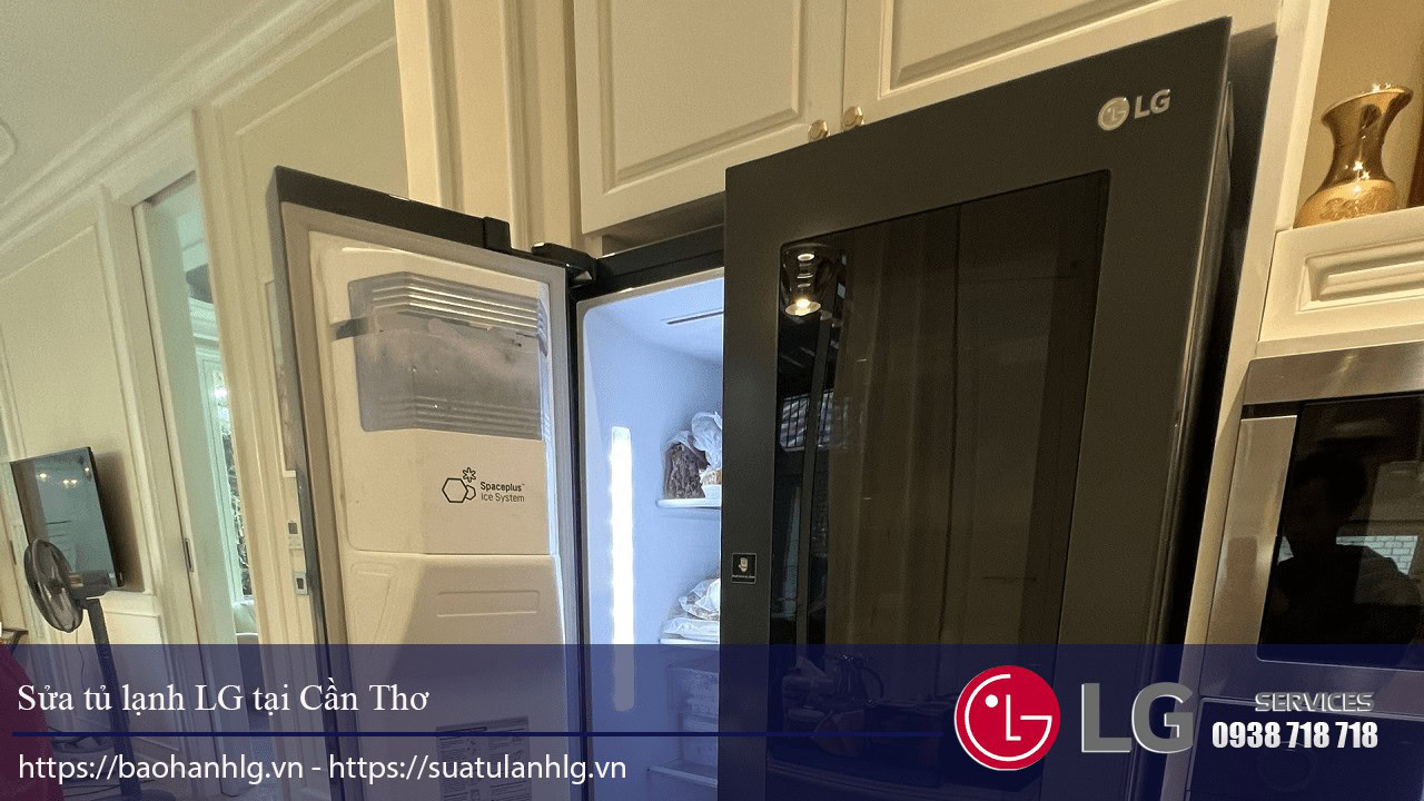 LG refrigerator with open door, showcasing interior storage and cooling system, installed in a modern kitchen in Can Tho. Certified LG appliance with warranty and reliable service.