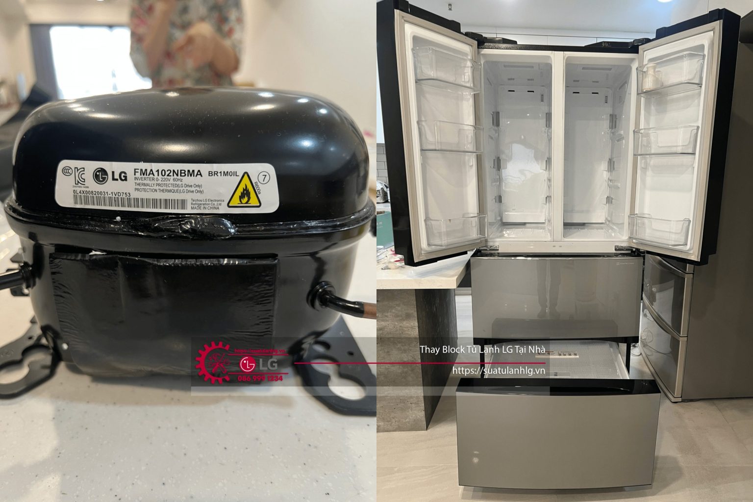 Refrigerant compressor for LG refrigerator, essential part of LG refrigerator warranty and repair service.