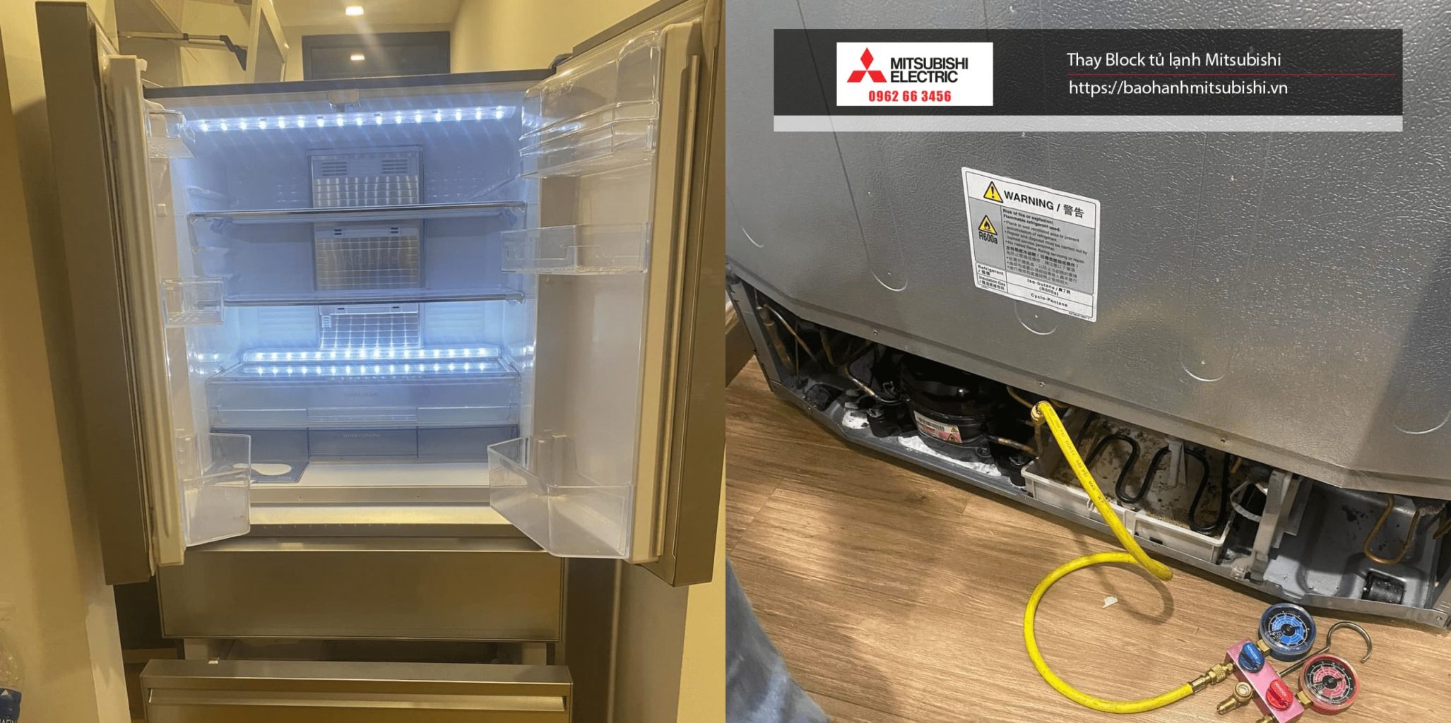 Hình ảnh tủ lạnh Mitsubishi Electric mới làm sạch, sáng bóng, sẵn sàng sử dụng, bên cạnh đó là hình ảnh thực tế của máy nén tủ lạnh đã mở ra, cho thấy các linh kiện nội thất bên trong máy nén và hệ thống dây dẫn khí ga.