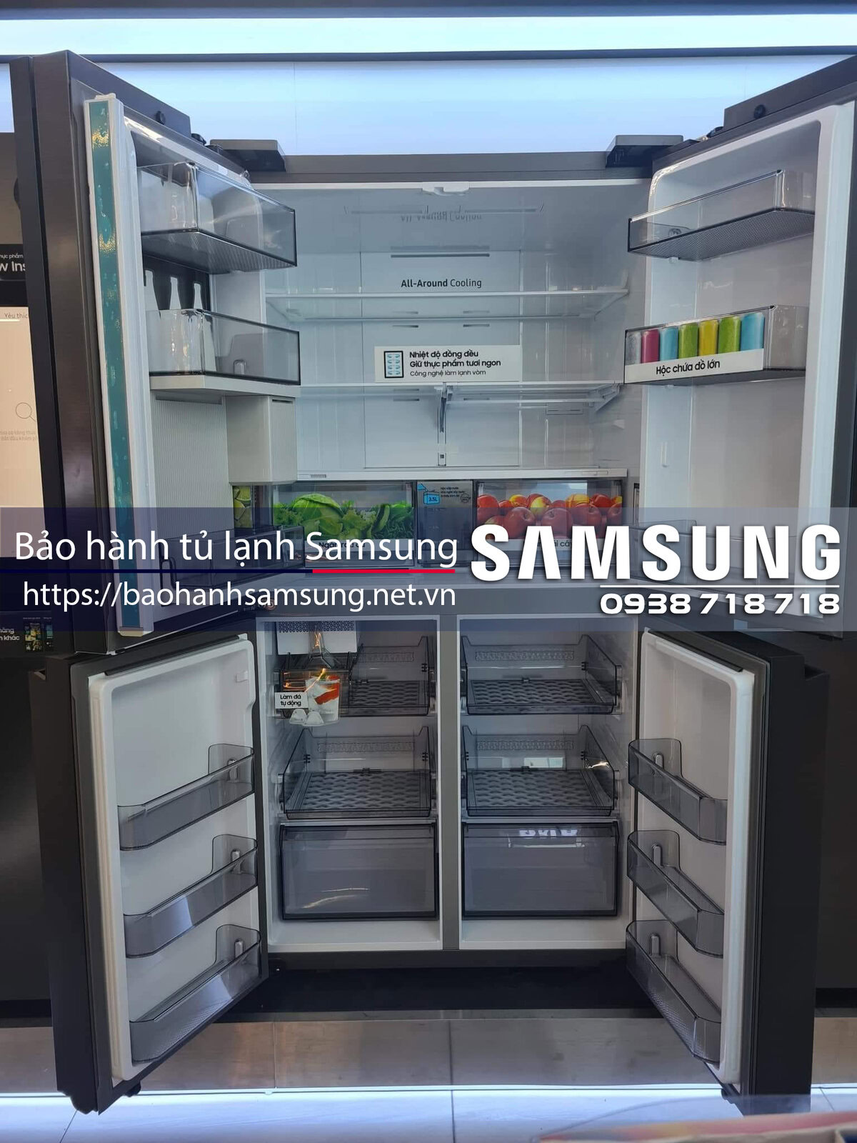 Fresh, modern Samsung refrigerator open to showcase spacious interior and cooling features, emphasizing official warranty services in Vietnam, perfect for SEO targeting Samsung refrigerator warranty support.