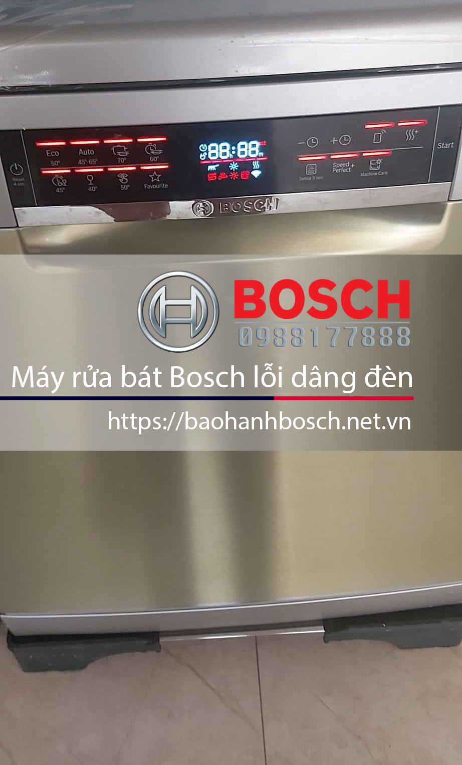 Bảng điều khiển của máy rửa bát Bosch, hiển thị chức năng và trạng thái hoạt động, thể hiện dịch vụ bảo hành và lỗi thường gặp, đảm bảo hoạt động hiệu quả.