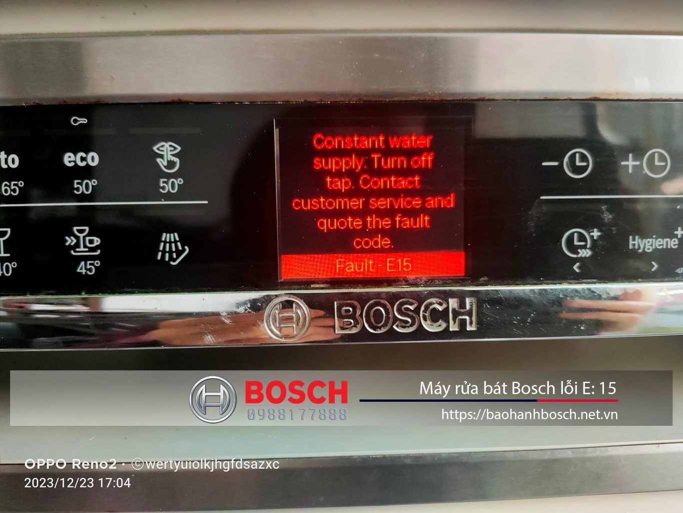 Lỗi bảo hành Bosch E15 trên máy rửa bát Bosch, hiển thị màn hình lỗi, khó khăn trong sử dụng, cần liên hệ dịch vụ sửa chữa, bảo trì Uy tín Bosch để khắc phục sự cố.