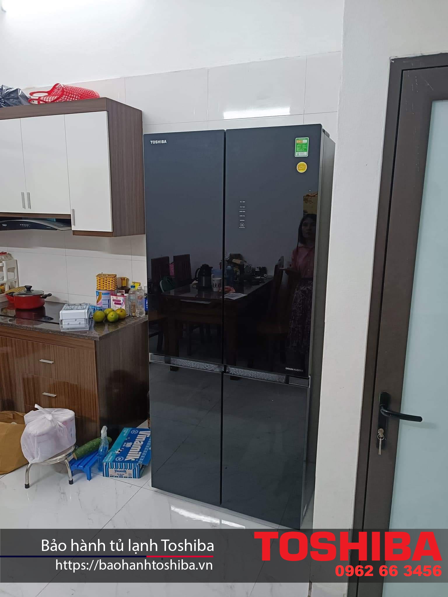 High-quality Toshiba refrigerator in a modern kitchen setting, showcasing reliable home appliance cooling with trusted warranty service.