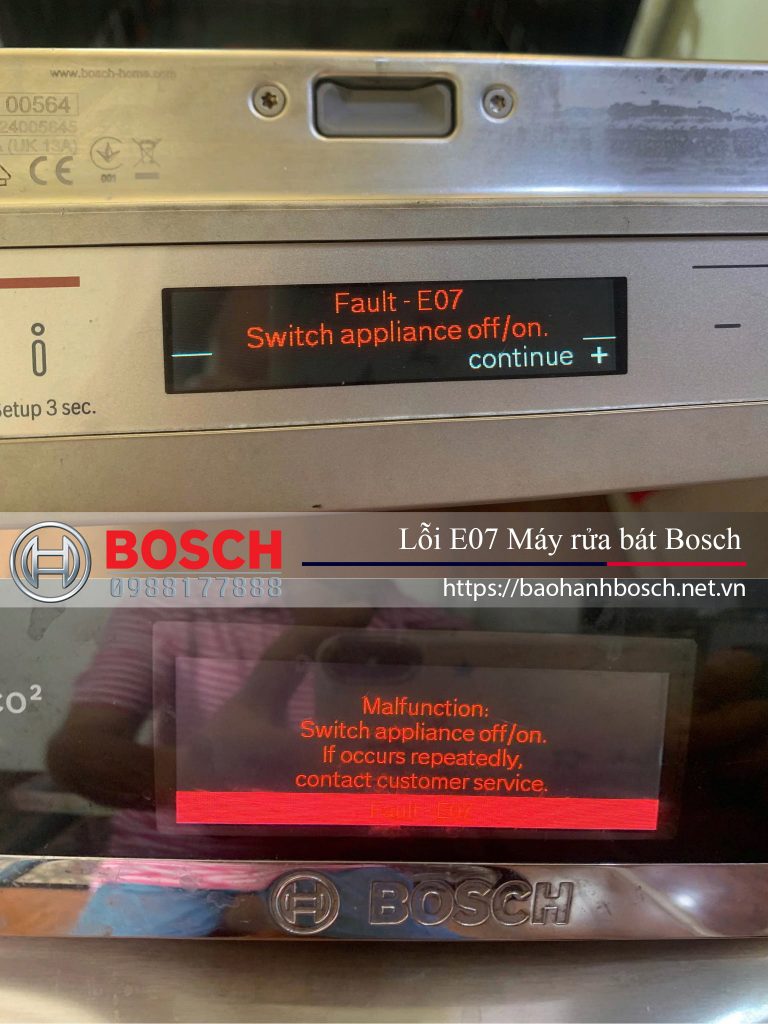 Lỗi E07 Máy rửa bát Bosch, báo lỗi "Switch appliance off/on" – Khắc phục nhanh và hiệu quả. Hướng dẫn sửa chữa và liên hệ dịch vụ bảo hành Bosch chính hãng.
