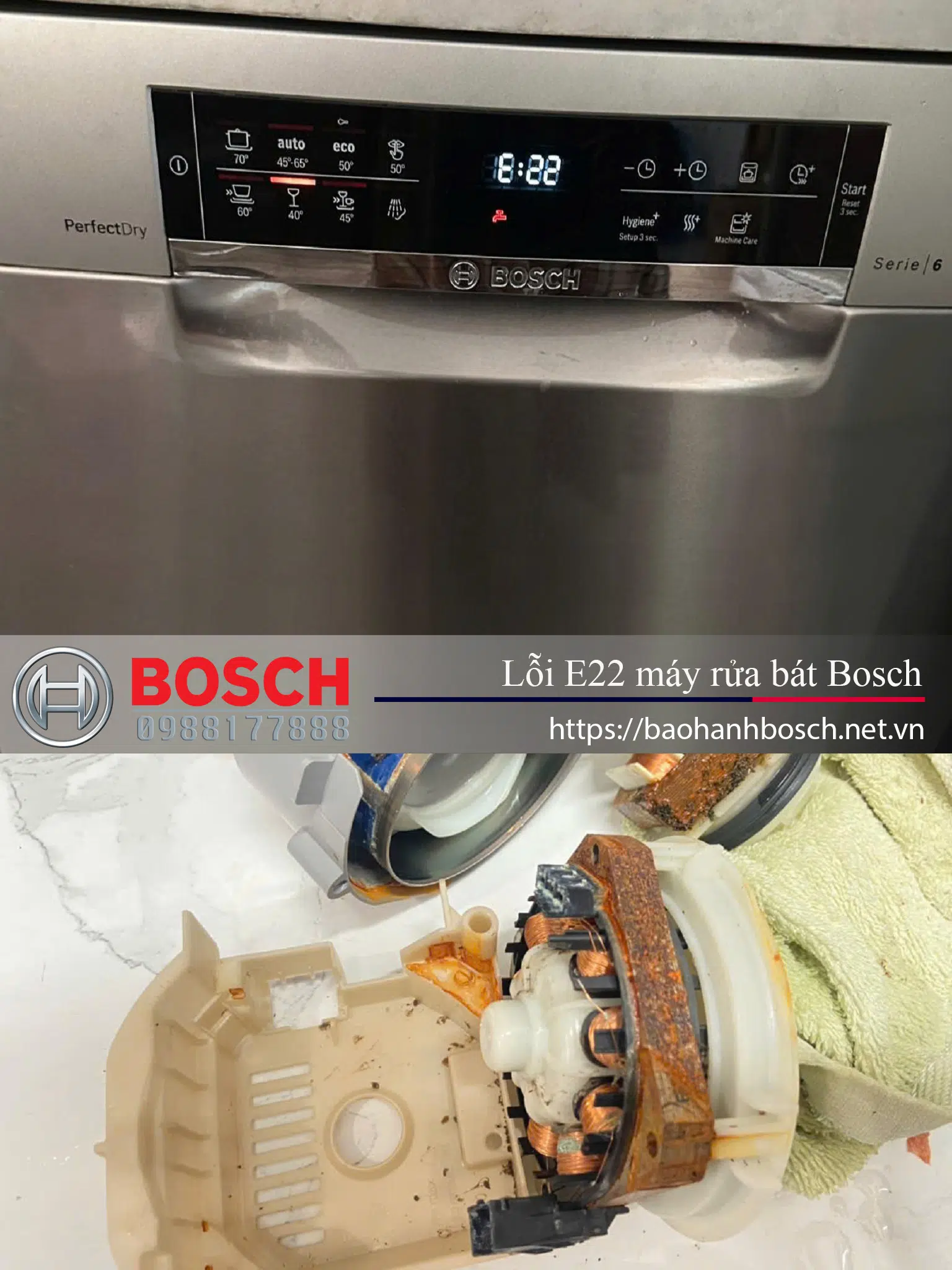 Lỗi E22 máy rửa bát Bosch do bơm tắc