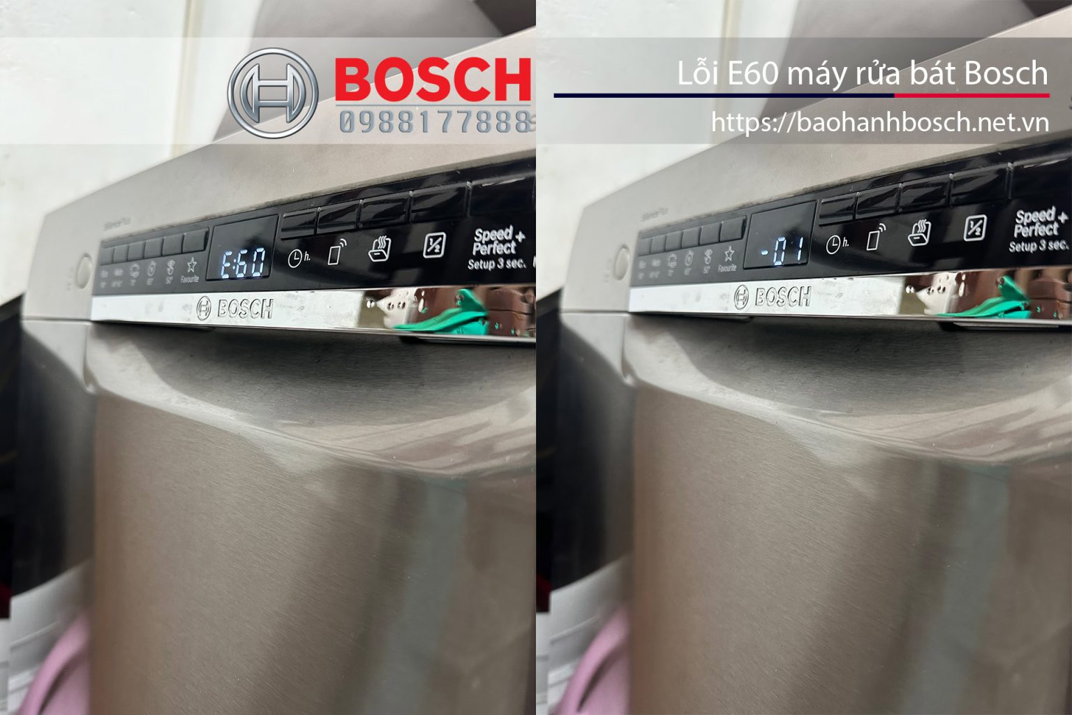 Nhãn ALT: Bảng điều khiển máy rửa bát Bosch với hiển thị lỗi E60, dịch vụ bảo hành Bosch uy tín tại Việt Nam.