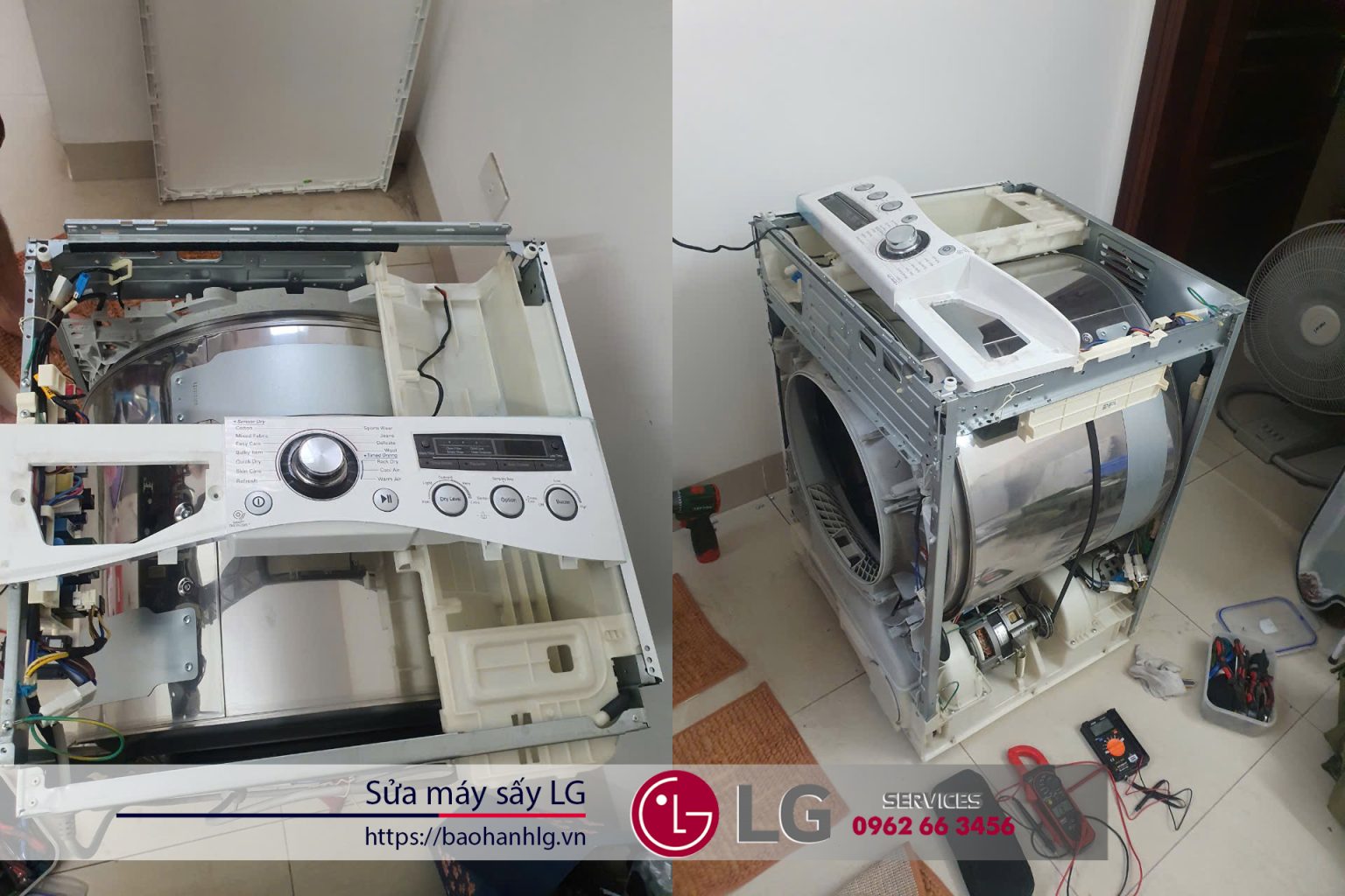 Refrigerator washing machine LG repair service with disassembled units showing internal components for maintenance or repair.