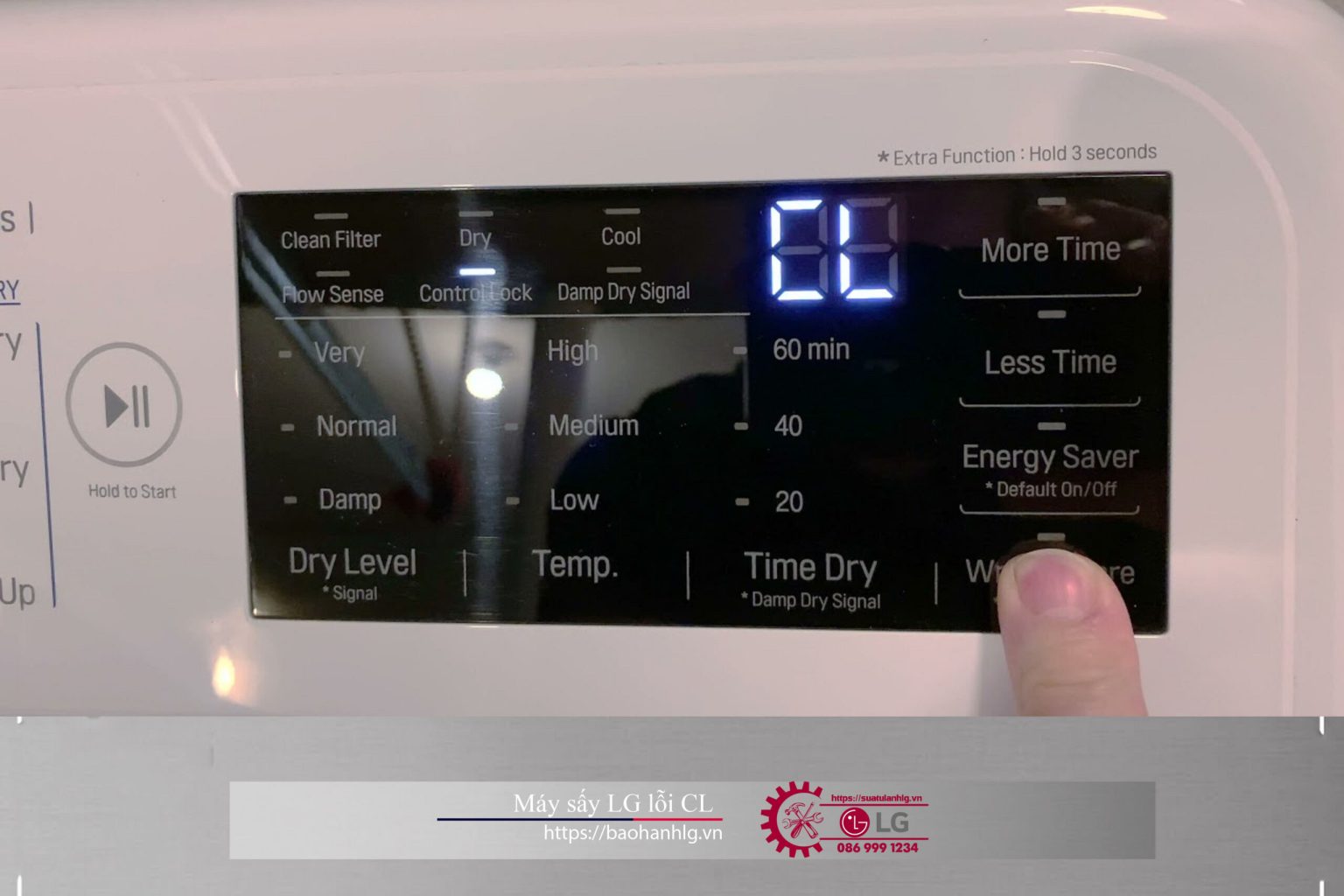 LG washing machine control panel with digital display in close-up.