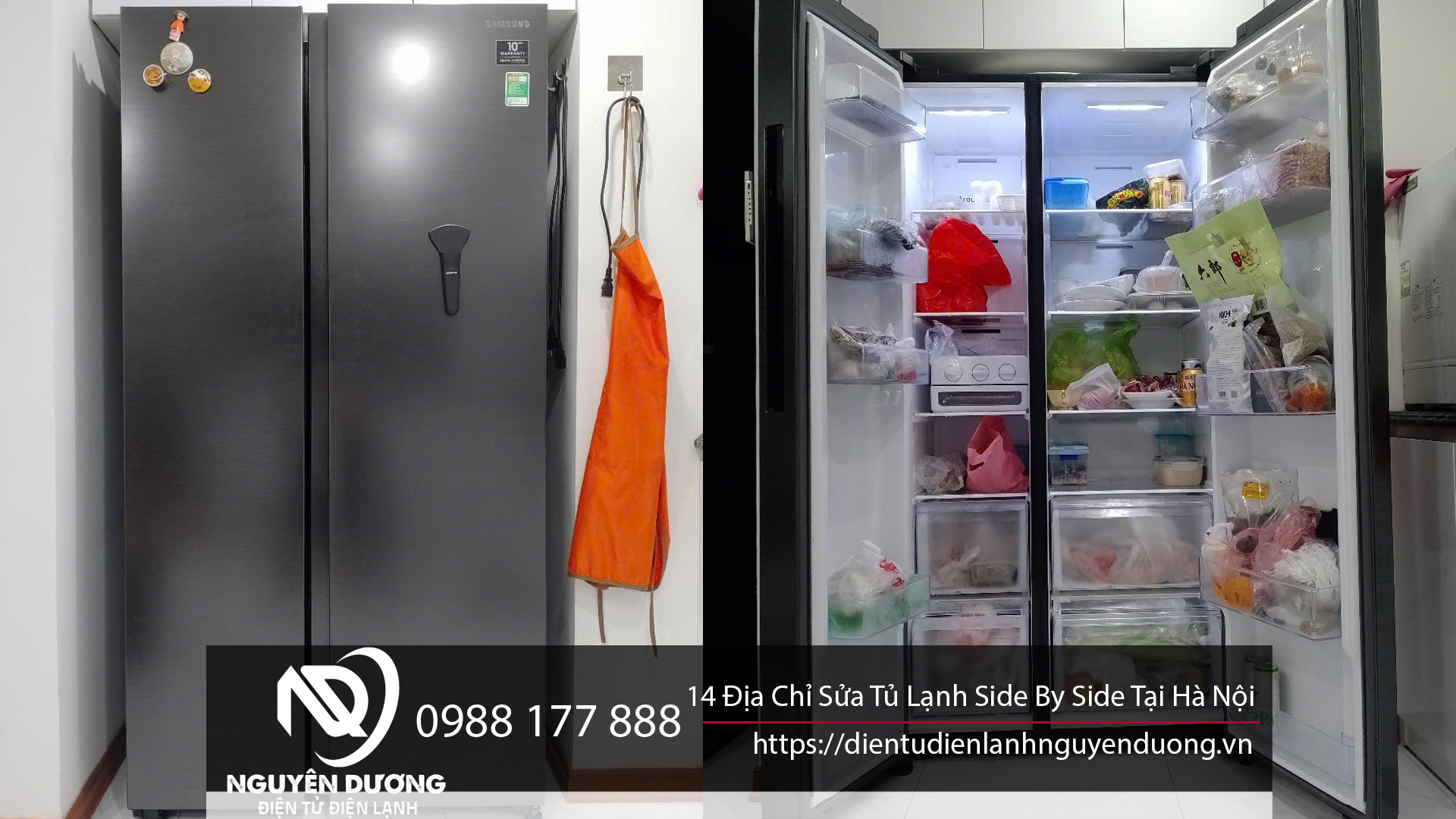 Tủ lạnh side by side đen sang trọng, nội thất rộng rãi chứa đồ đa dạng, phù hợp với gia đình hiện đại, dịch vụ sửa chữa tủ lạnh tại Hà Nội, liên hệ 0988 177 888.